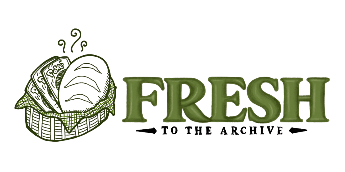 A logo-style graphic on a white background showing a hand-drawn basket of bread loaves and trading cards in olive green and dark green, next to the large text 'FRESH' and smaller text 'TO THE ARCHIVE' in black.